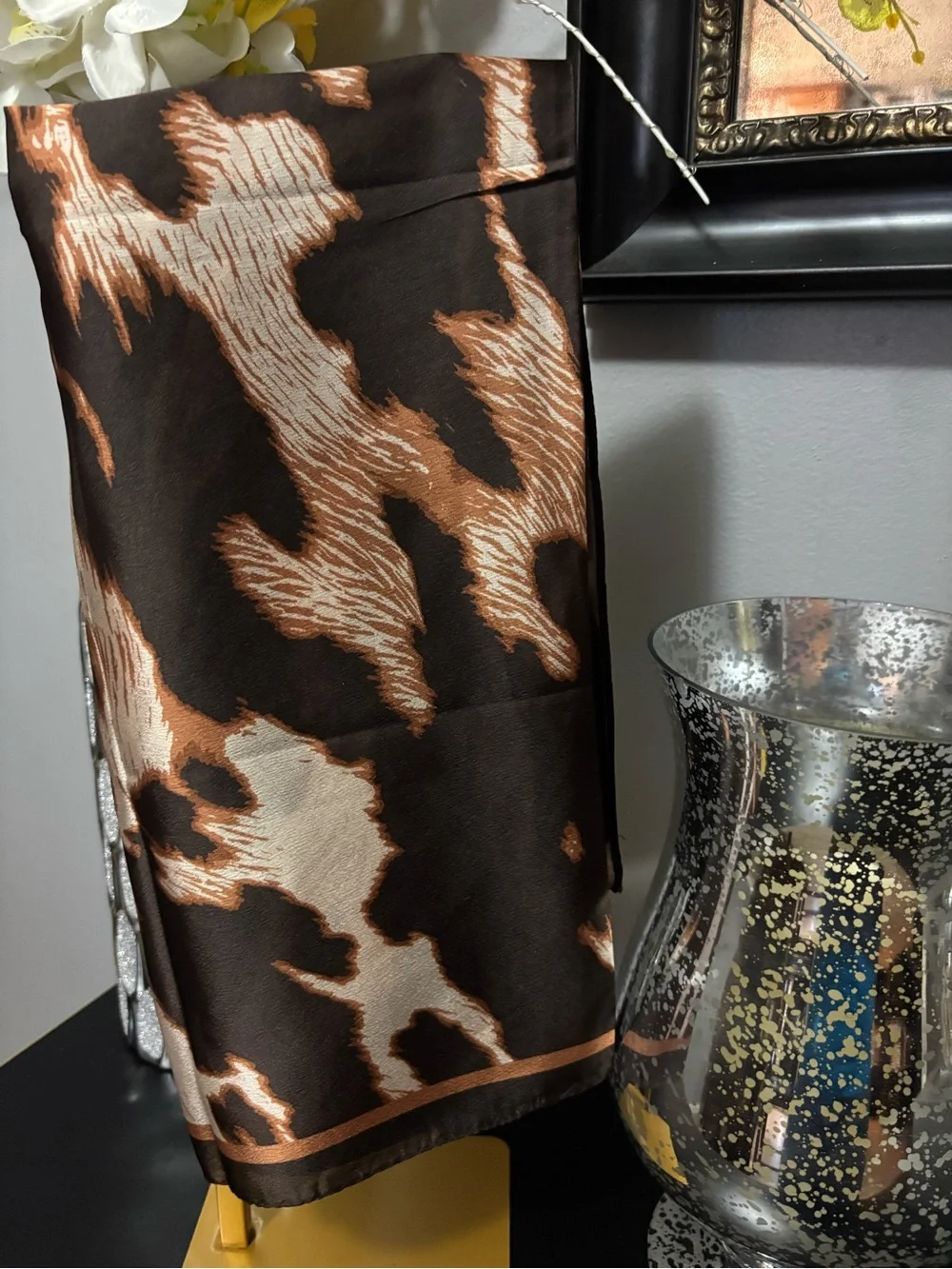 Brown & Camel Abstract Print Satin Scarf